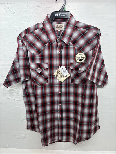 New Men’s ELY Cattleman Red Gray Plaid Short Sleeve Pearl Snap XL M-51