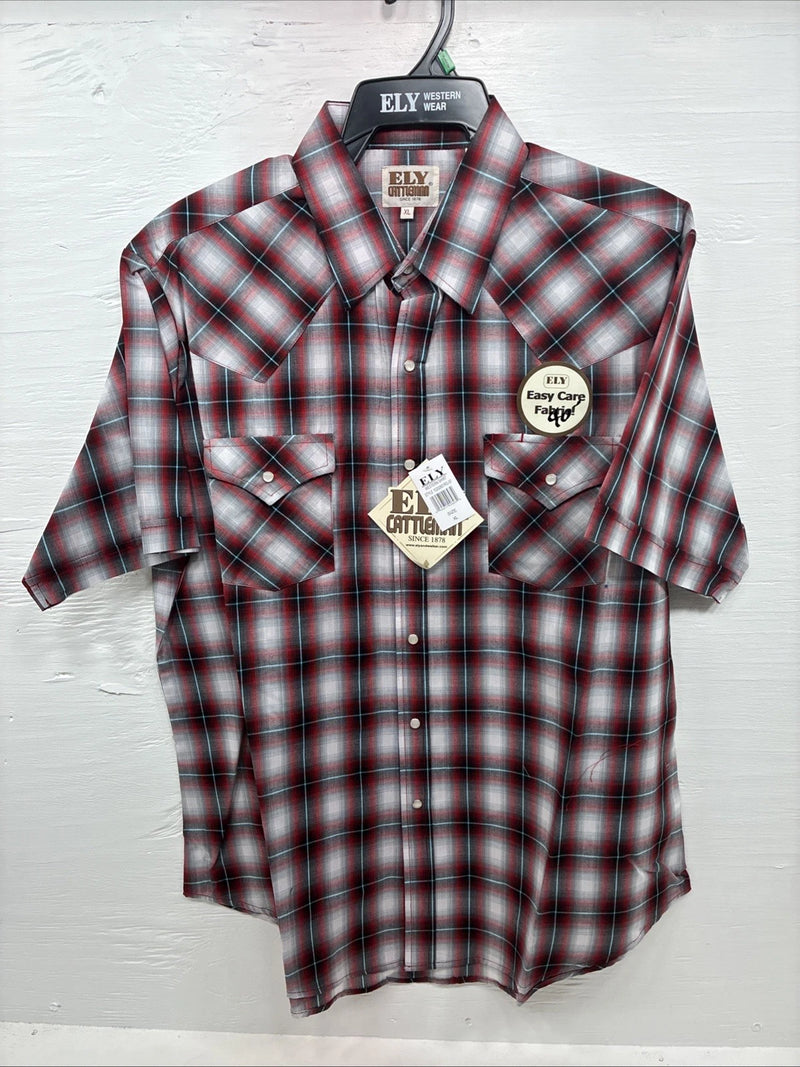 New Men’s ELY Cattleman Red Gray Plaid Short Sleeve Pearl Snap XL M-51