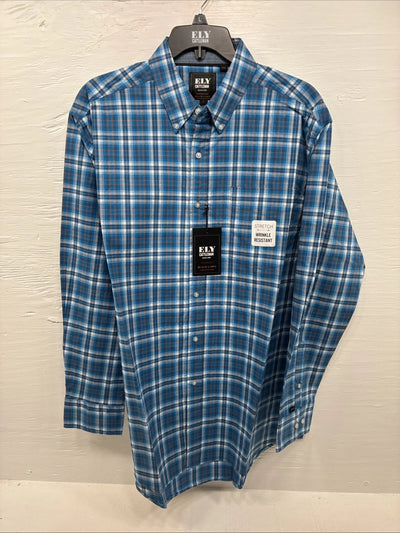 New Men’s ELY Cattleman Blue Plaid Long Sleeve Pearl Snap Large Q-34