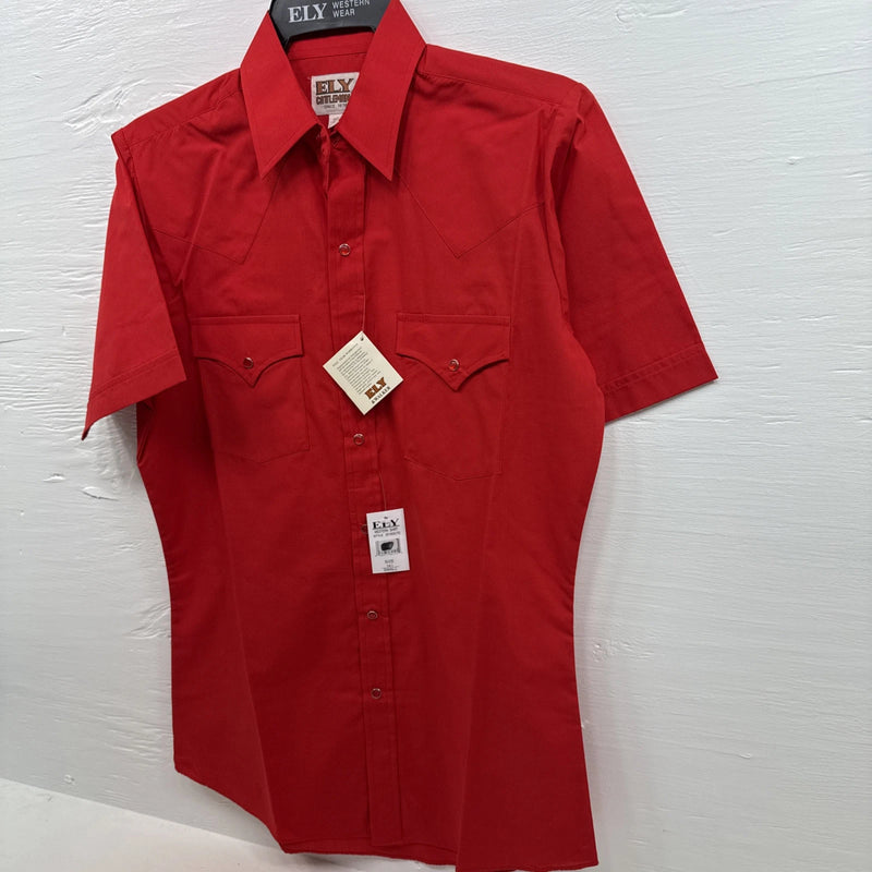 New Men’s ELY CattleMan Red short sleeve pearl snap 14.5 small B-72