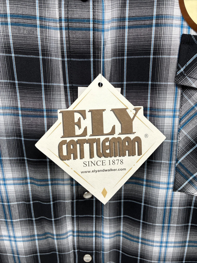 New Men’s ELY Cattleman Grey Black Long Sleeve Pearl Snap 3XL E-39