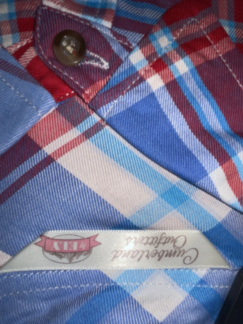 New Women’s Plaid Cumberland Outfitters Cut Off Button Up Shirt L #14119 3B-49