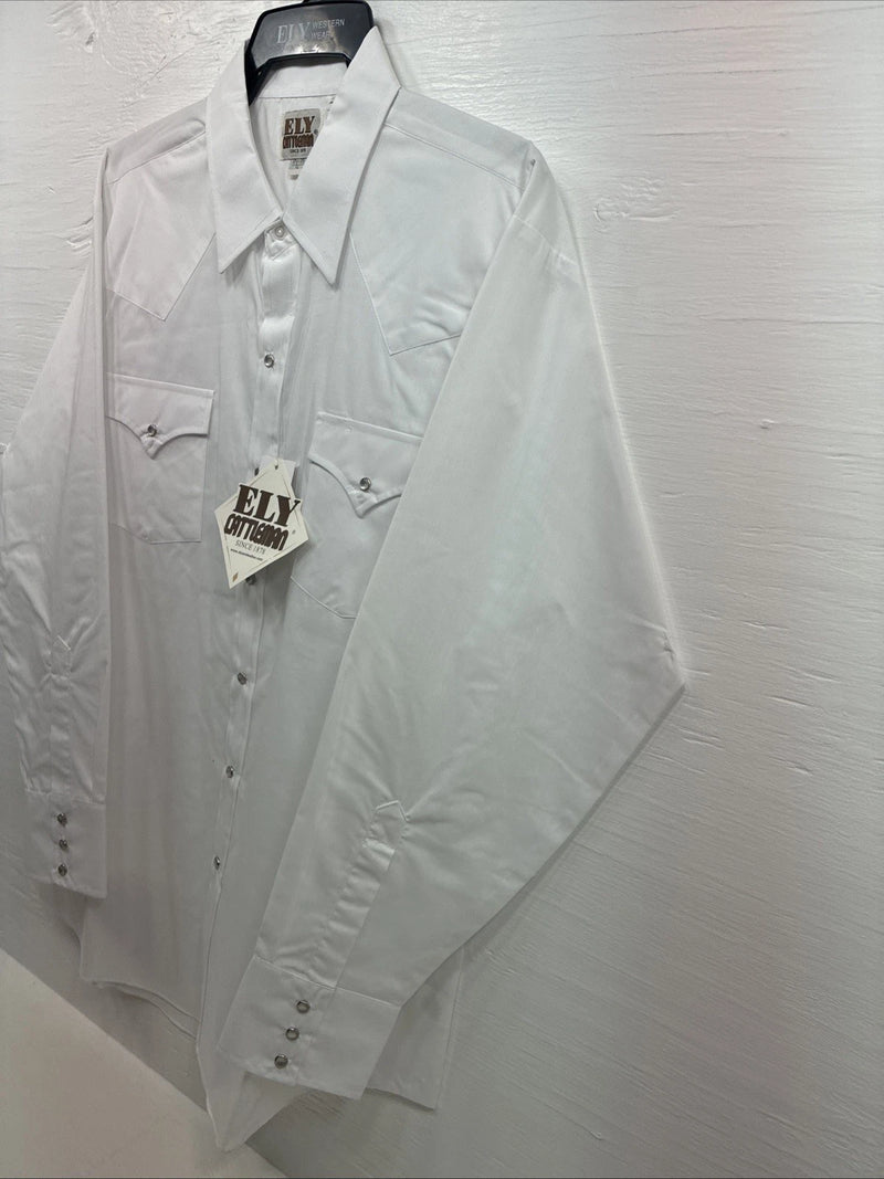New Men’s ELY Cattleman White Long Sleeve Pearl Snap 17.5 X 35 XL R-45