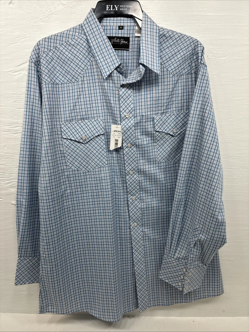 New Men’s White Horse Blue White Plaid Long Sleeve Pearl Snap XL R-71
