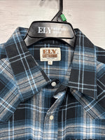 New Men’s ELY Cattleman Blue Black Plaid Long Sleeve Pearl Snap XL O-56