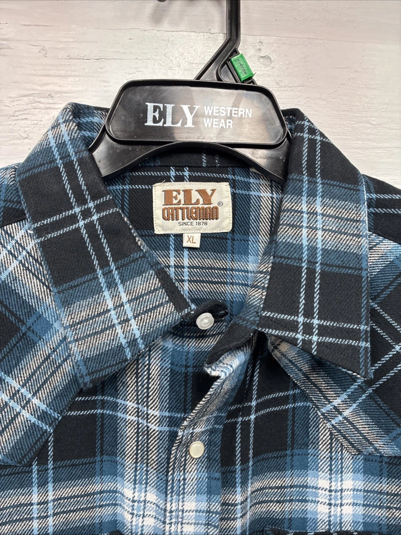 New Men’s ELY Cattleman Blue Black Plaid Long Sleeve Pearl Snap XL O-56