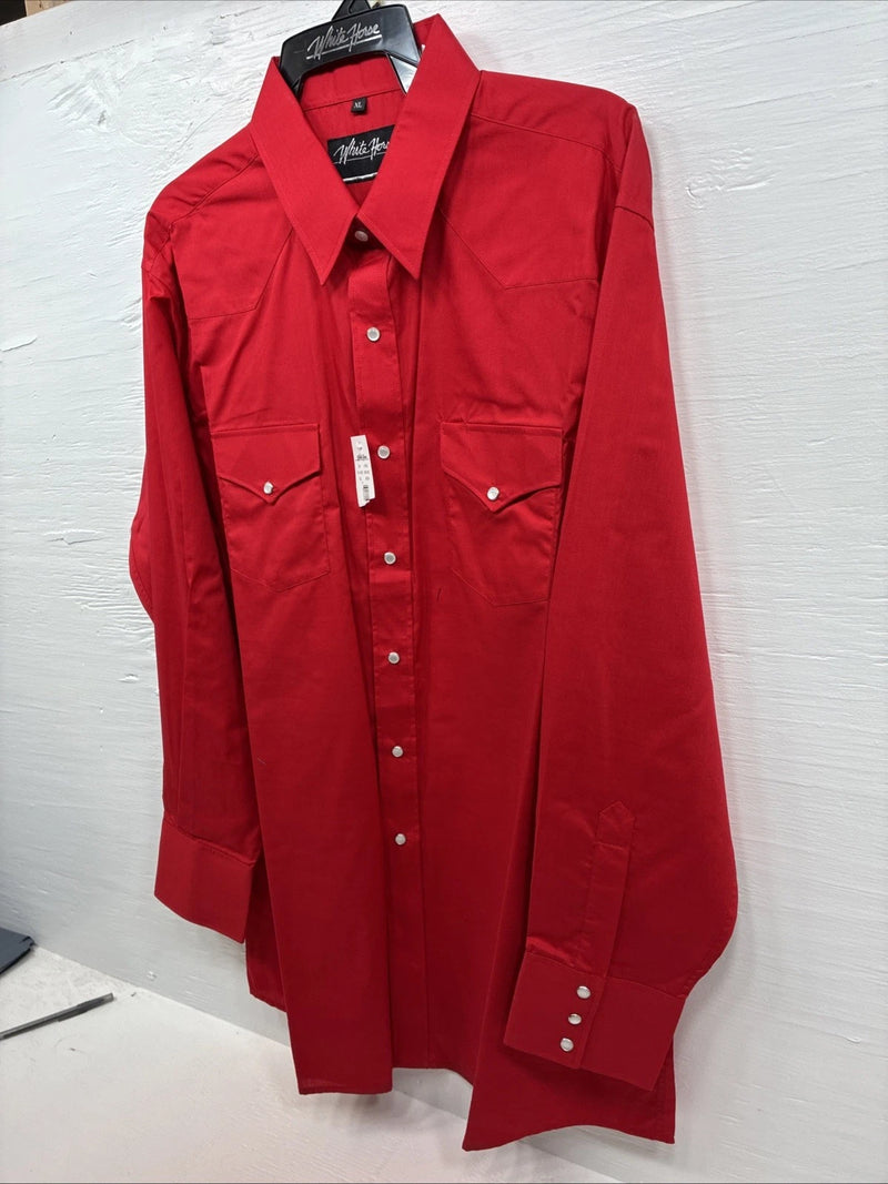 New Men’s White Horse Red Simple Long Sleeve Pearl Snap XL O-59