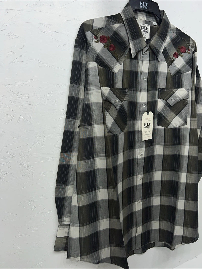 New Men’s ELY Cattleman Green Black Plaid Long Sleeve Pearl Snap Shirt XL S-17