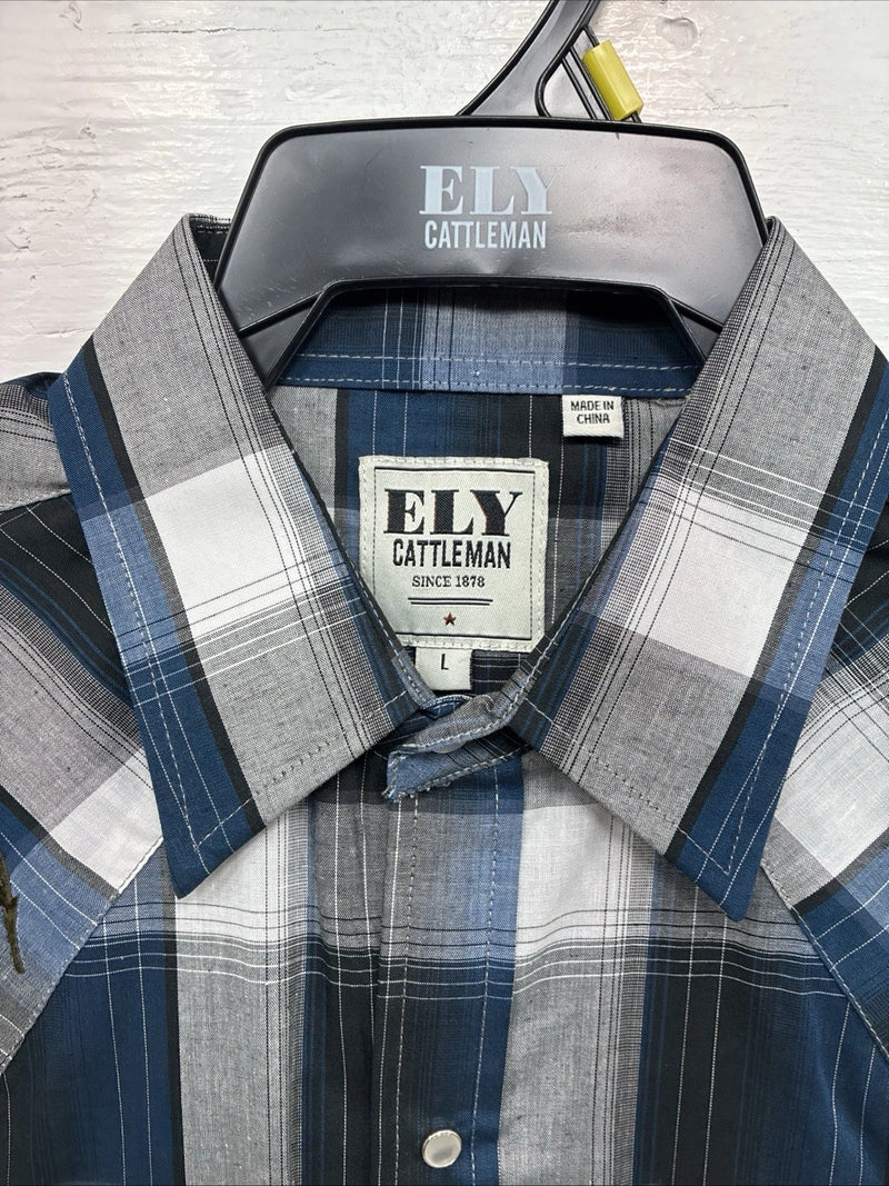 New Men’s ELY Cattleman Blue Grey Plaid Long Sleeve Pearl Snap Large AA-19