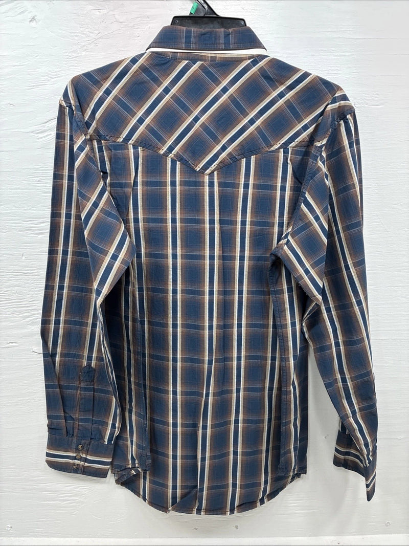 New Men’s ELY 1878 Blue Brown Plaid Long Sleeve Pearl Snap XL T-13