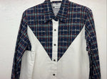 New Women’s Cowboy Threads White Navy Plaid Long Sleeve Button Up M #7906 3C-41