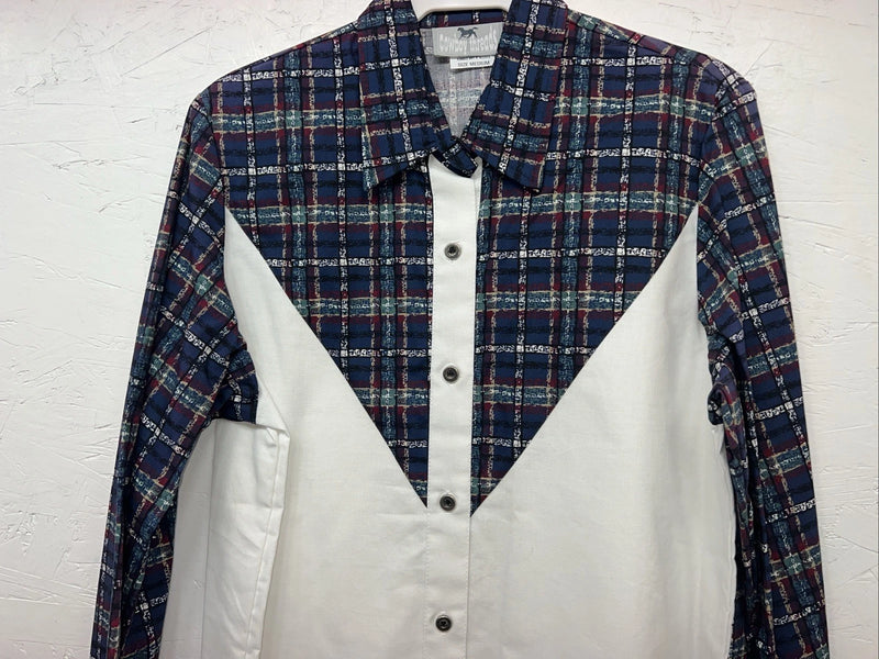 New Women’s Cowboy Threads White Navy Plaid Long Sleeve Button Up M #7906 3C-41