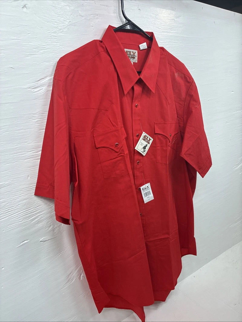 New Men’s ELY Cattleman Red Simple Short Sleeve Pearl Snap 18 2XL K-96