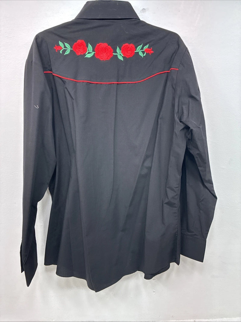 New Women’s Country Charmers Black Rose Long Sleeve Pearl Snap Large II-70