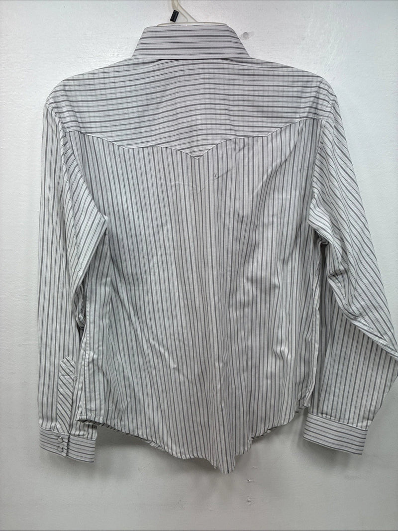New Women’s White Horse Gray Stripe Long Sleeve Pearl Snap Medoum LL-105