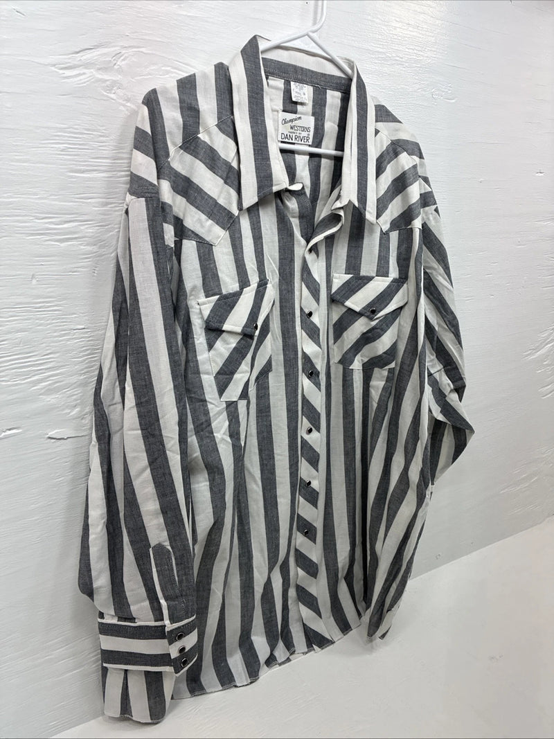 New Men’s Champion Western Grey White Strip Long Sleeve Pearl Snap 3XL E-53