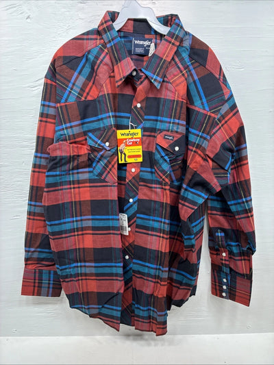 New Men’s Wrangler Red Blue Navy Flannel Long Sleeve Pearl Snap 20 X 36 XL H-60