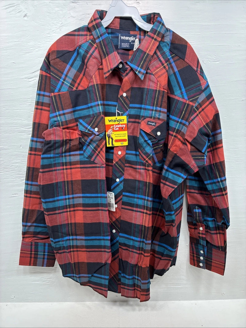 New Men’s Wrangler Red Blue Navy Flannel Long Sleeve Pearl Snap 20 X 36 XL H-60