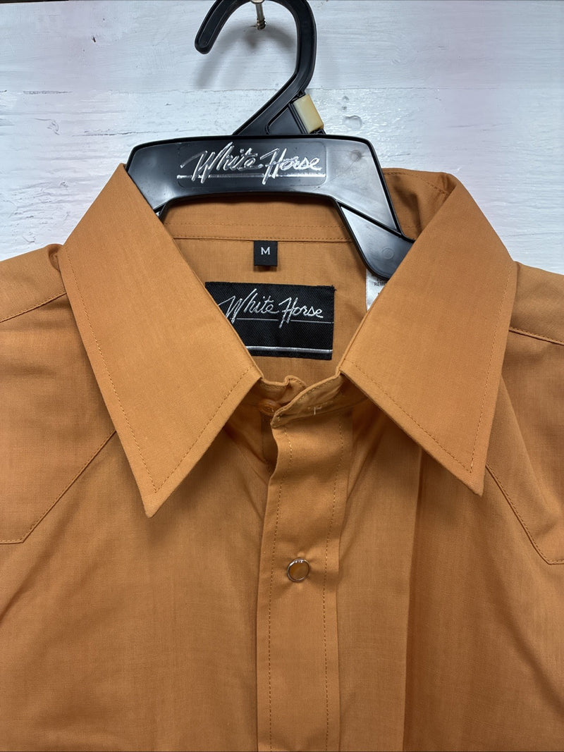 New Men’s White Horse Orange Simple Western Long Sleeve Pearl Snap Medium J-84