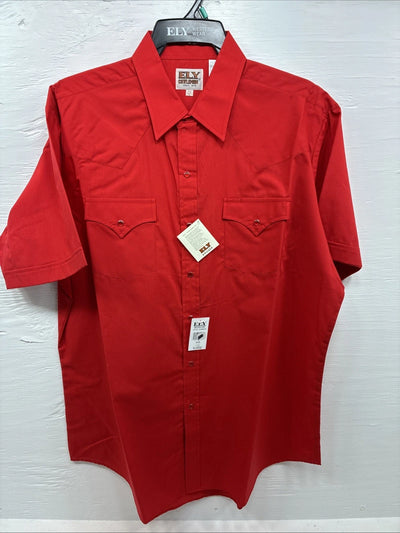 New Men’s ELY Cattleman Red Simple Short Sleeve Pearl Snap 17 XL J-22