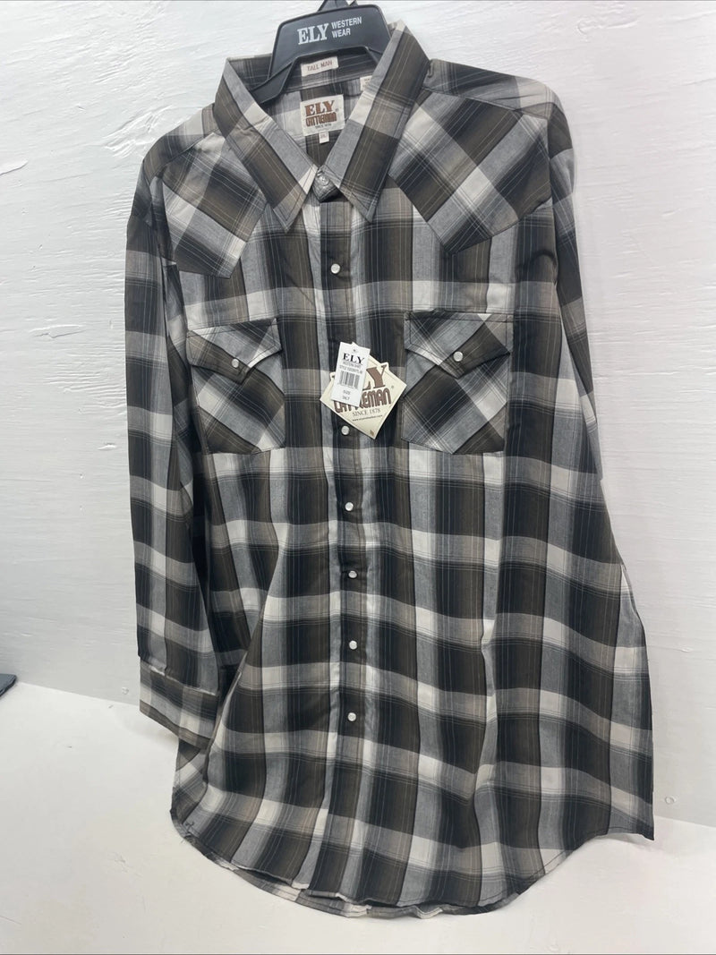 New Men’s ELY Cattleman Brown Long Sleeve Pearl Snap 3XL E-26