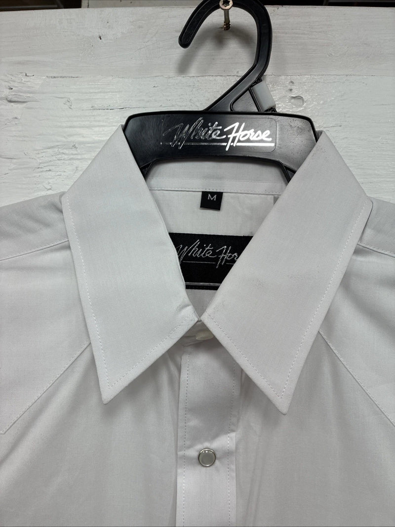 New Men’s White Horse White Simple Long Sleeve Pearl Snap Medium K-42