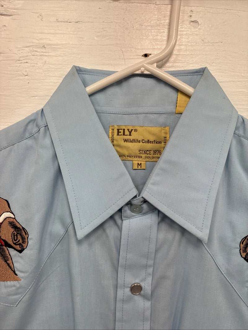 New Men’s ELY Wildlife Blue Horse Embroidered Long Sleeve Pearl Snap Medium K-57