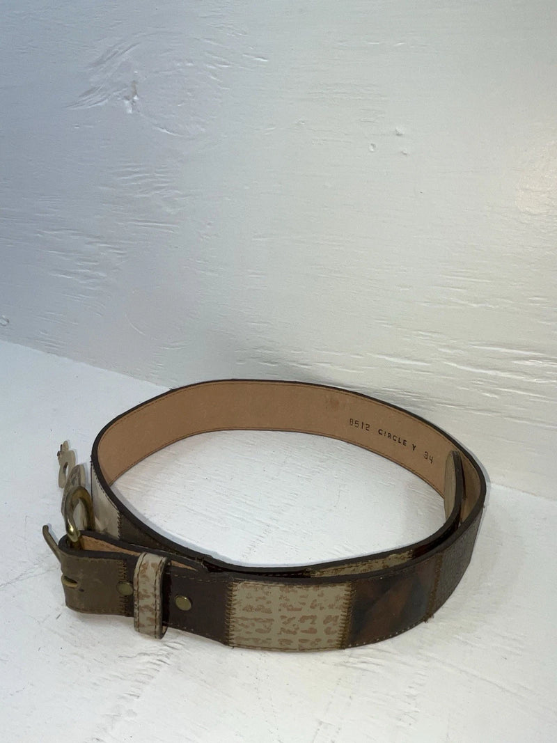 New Brown Genuine Leather Circle Y Stitched Stripes 34” Belt #8512 JJ-9