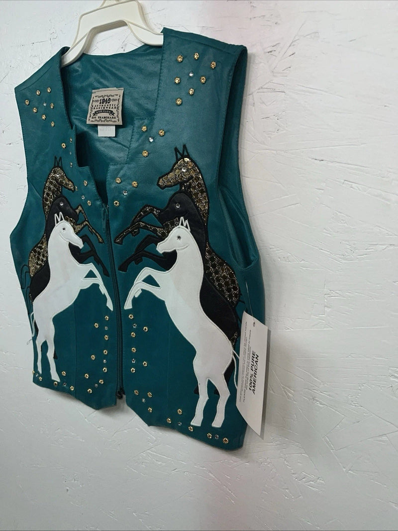 New Women’s 1849 Authentic Ranchwear Blue Horse Western Show Vest Small G-603
