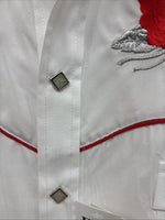 New Men’s ELY Cattleman White Red Rose Design Long Sleeve Pearl Snap Medium K-60