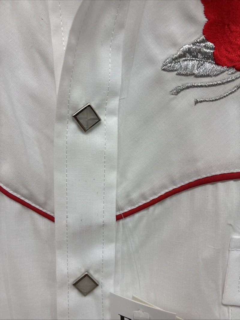 New Men’s ELY Cattleman White Red Rose Design Long Sleeve Pearl Snap Medium K-60