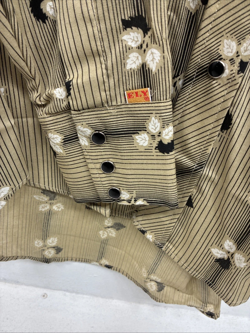 New Men’s ELY Plains Tan Black Floral Long Sleeve Pearl Snap 15.5 Large LL-91