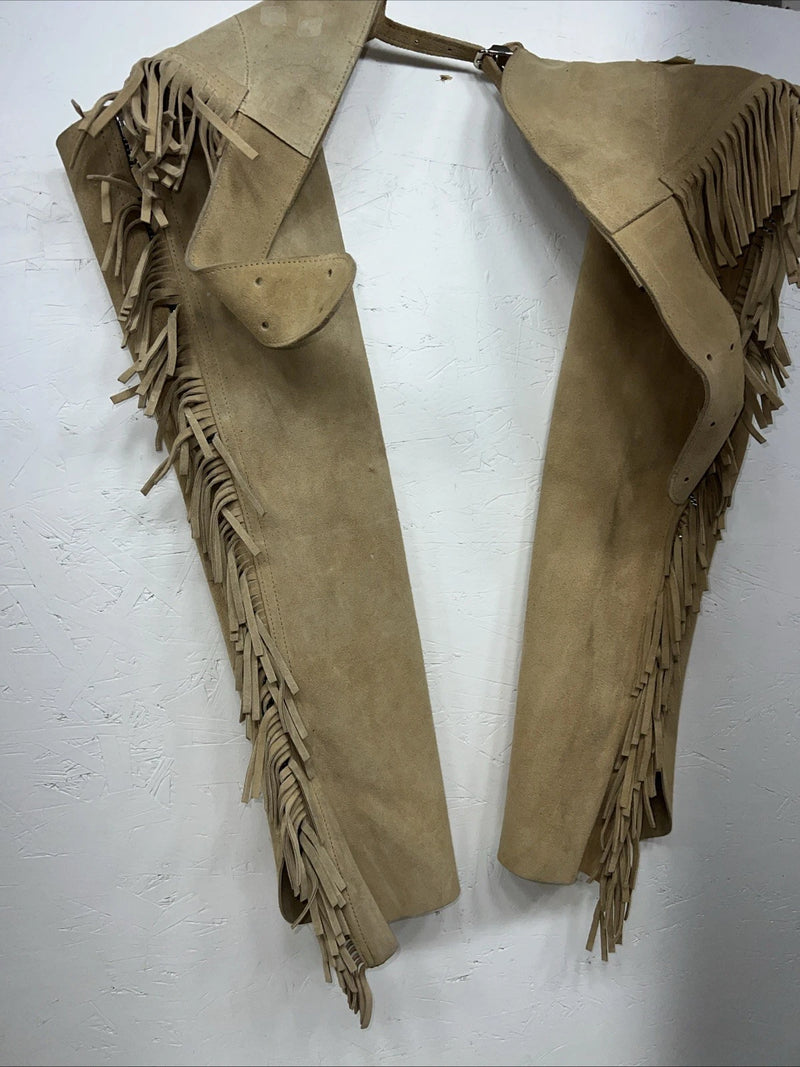 NOS Tan Children’s Show Chaps With Fringe Adjustable Waist 36” L-40