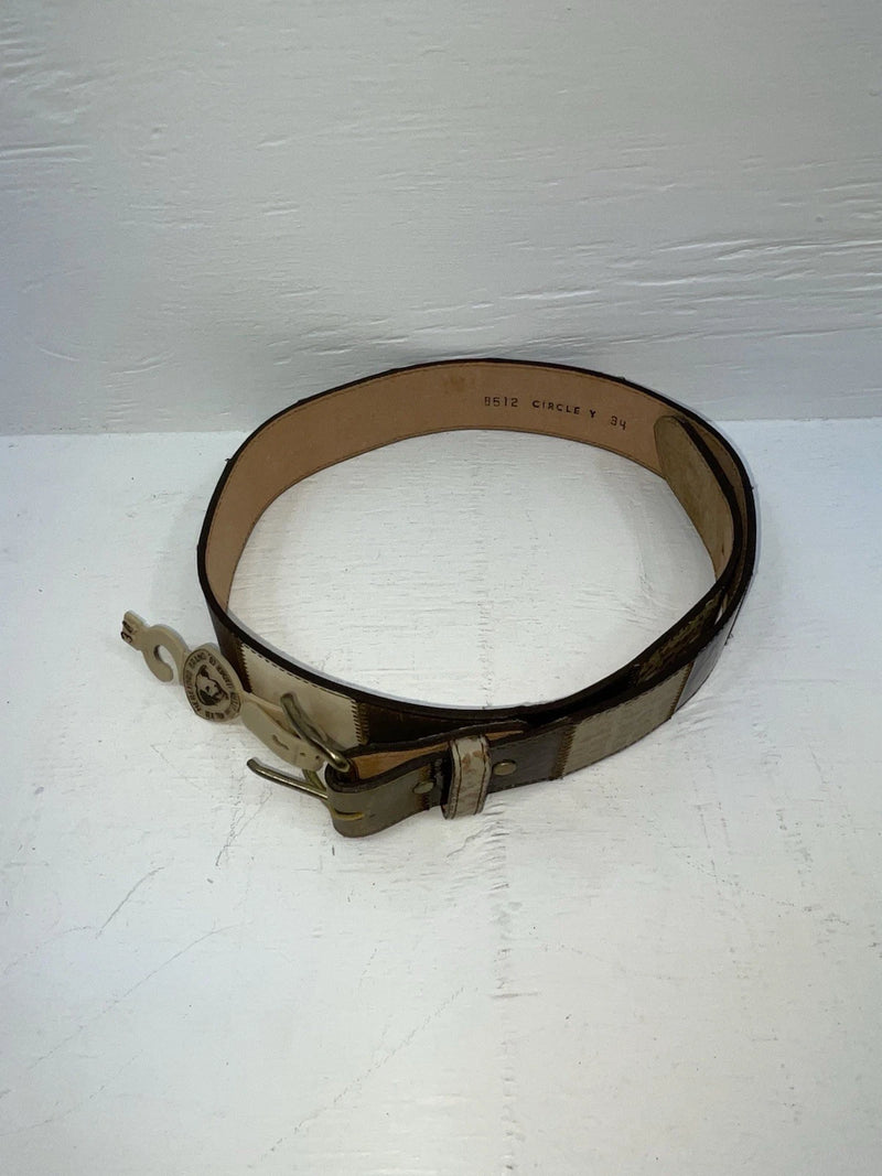 New Brown Genuine Leather Circle Y Stitched Stripes 34” Belt #8512 JJ-9