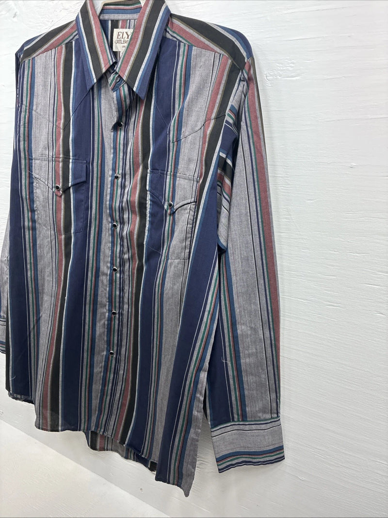 New Men’s ELY Cattleman Multicolor Stripe Long Sleeve Pearl Snap 16.5 Large T-54