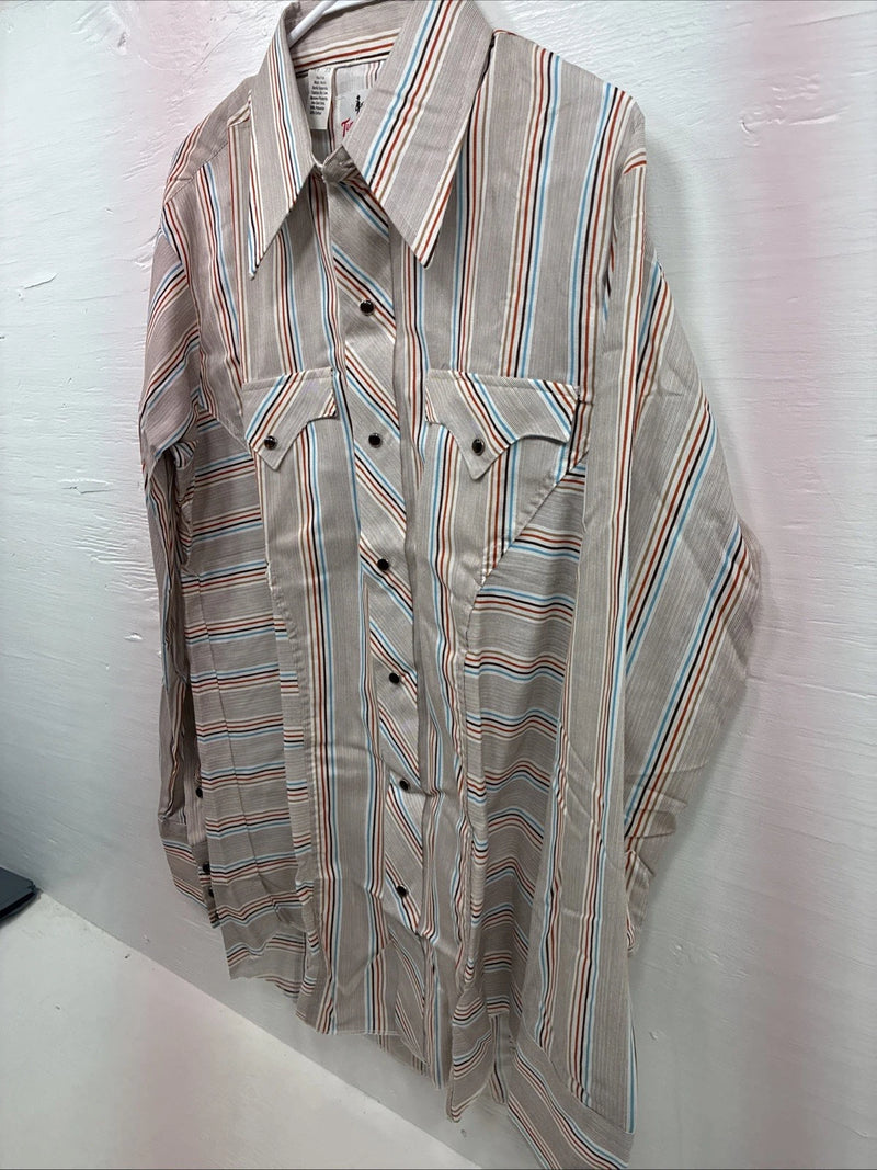 New Men’s Tem Tex Brown Stripe Long Sleeve Pearl Snap 16 Large X-46