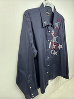 New Women’s White Horse Blue Rhinestone Long Sleeve Pearl Snap Size XL YY-73