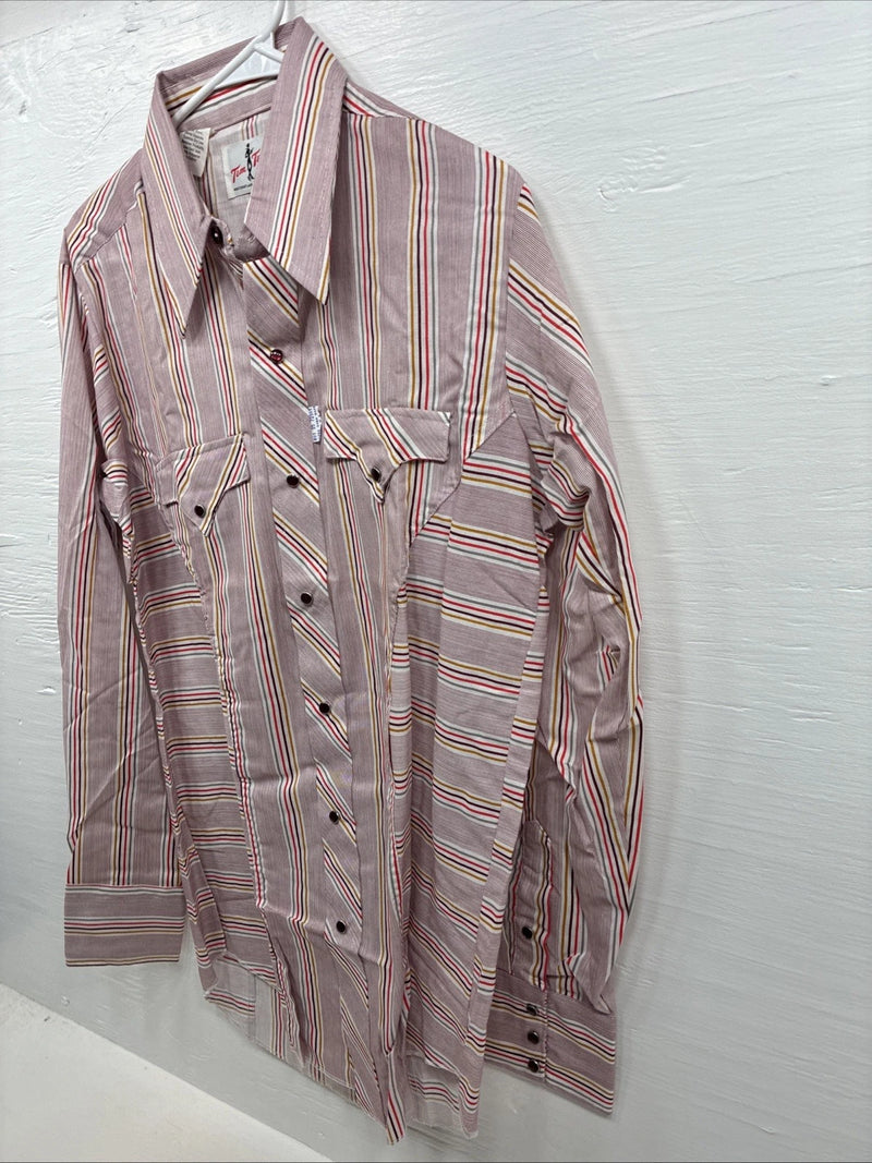 New Men’s Tem Tex Pink Multicolor Stripe Long Sleeve Pearl Snap 15.5 Medium M-98