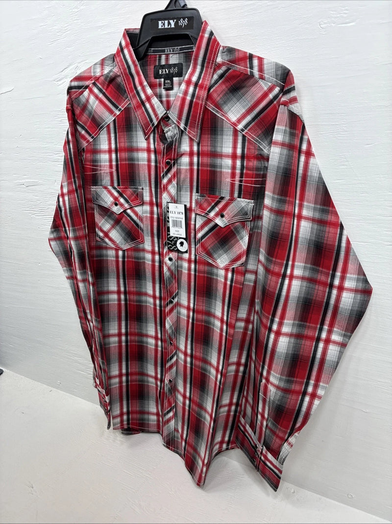 New Men’s ELY 1878 Red Flannel Long Sleeve Pearl Snap 2XL F-66
