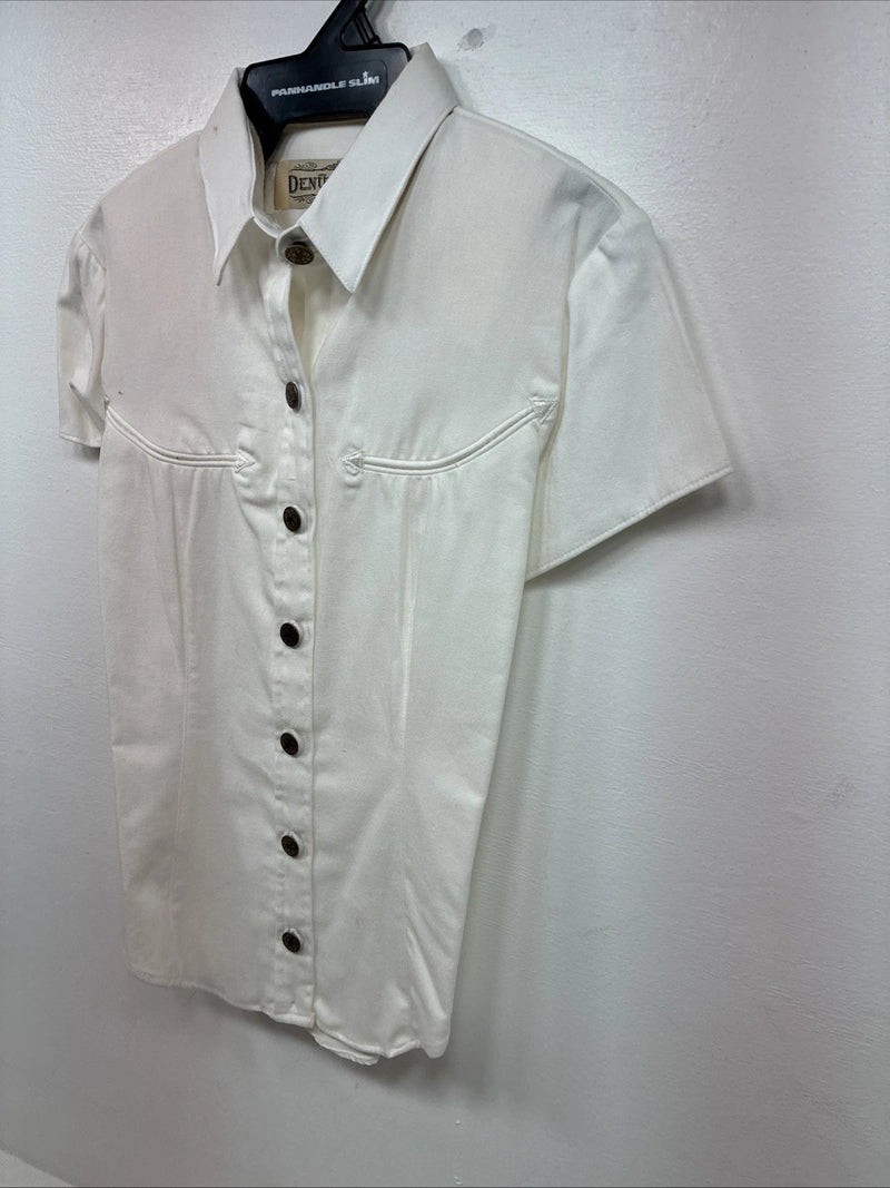 New Women’s Denũm Jeans White Short Sleeve Pearl Snap Shirt Small MM-72