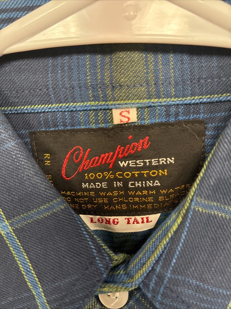 New Men’s Champion Westerns Blue Green Plaid Long Sleeve Pearl Snap Small R-22
