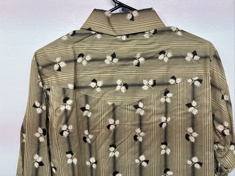 New Men’s ELY Plains Tan Black Floral Long Sleeve Pearl Snap 15.5 Large LL-91