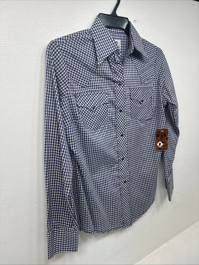 New Women’s Dickson Jenkins Blue Checker Long Sleeve Pearl Snap Size 34 GG-5