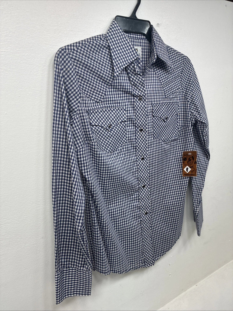 New Women’s Dickson Jenkins Blue Checker Long Sleeve Pearl Snap Size 34 GG-5