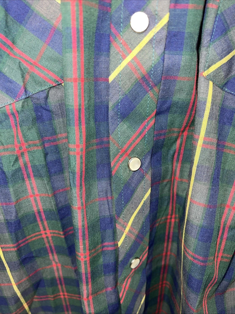 New Men’s ELY Plains Green Plaid Long Sleeve Pearl Snap Shirt 16x34 L P-74