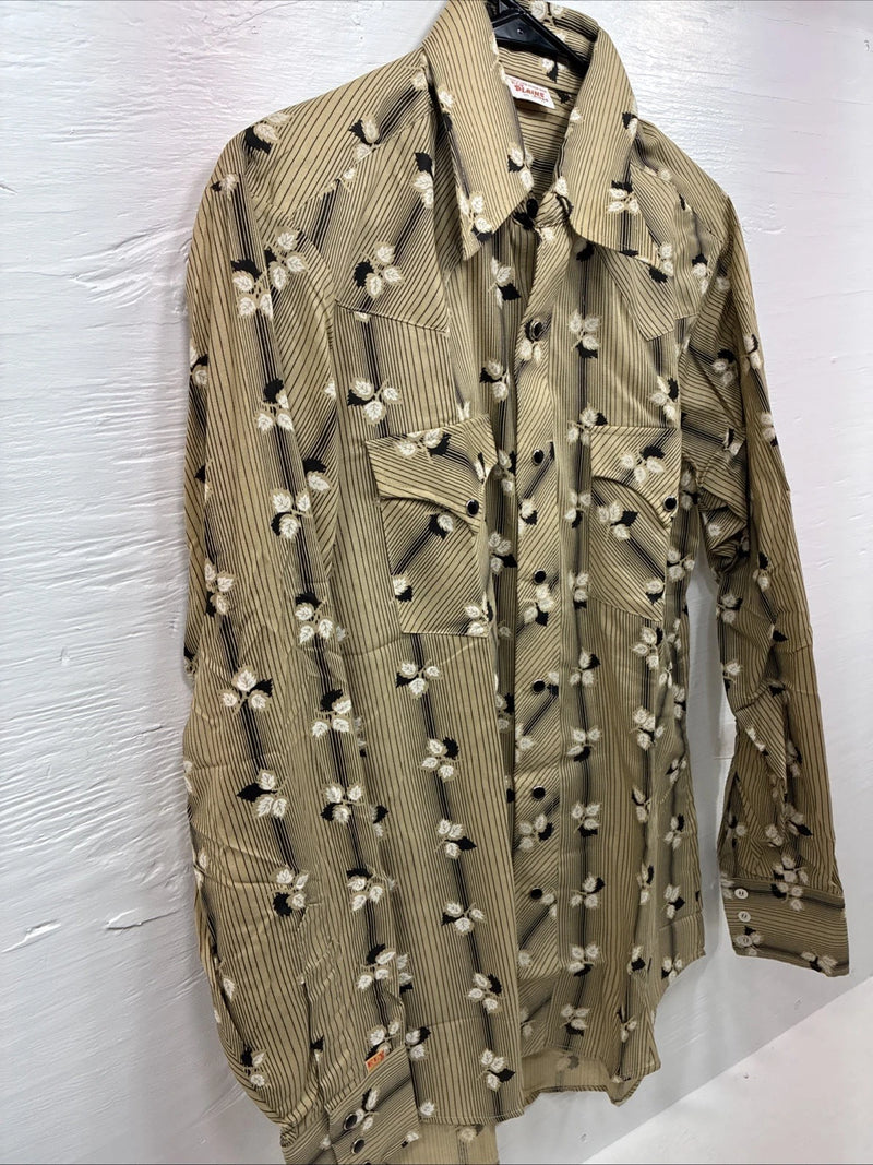 New Men’s ELY Plains Yellow Black Floral Long Sleeve Pearl Snap 15.5 Medium T-14