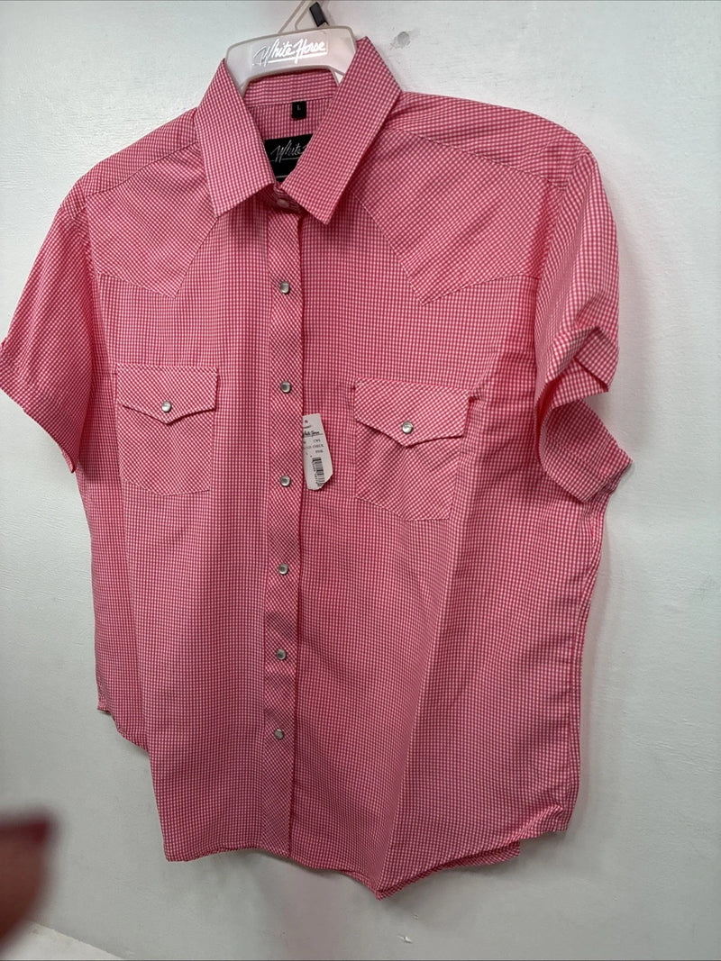 New Women’s White Horse Pink Checker Short Sleeve Pearl Snap Large KK-122