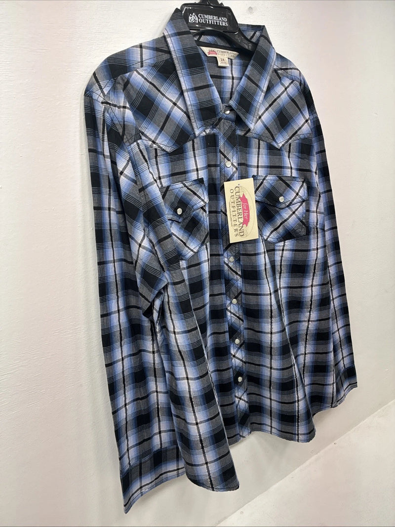 New Women’s Cumberland Blue Black Plaid Long Sleeve Pearl Snap 2XL GG-36