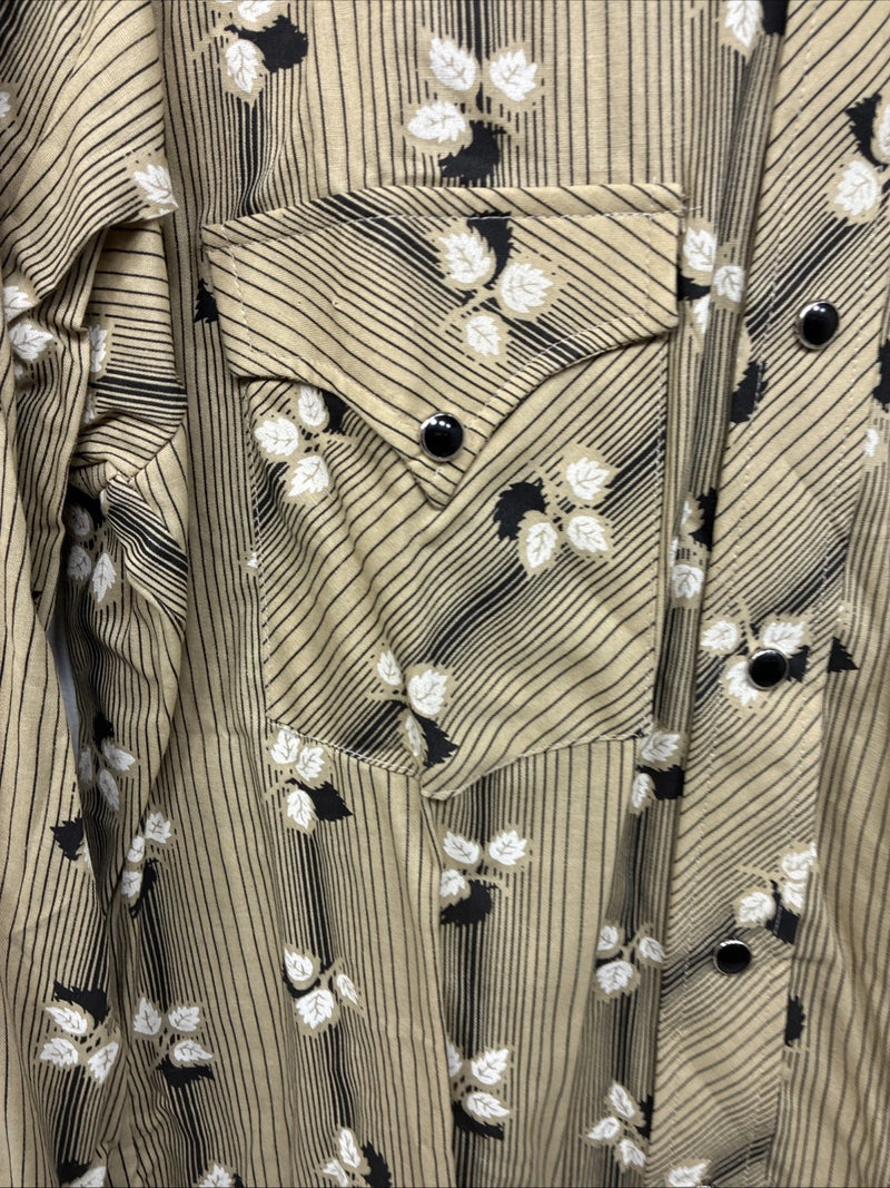 New Men’s ELY Plains Tan Black Floral Long Sleeve Pearl Snap 15.5 Large LL-91