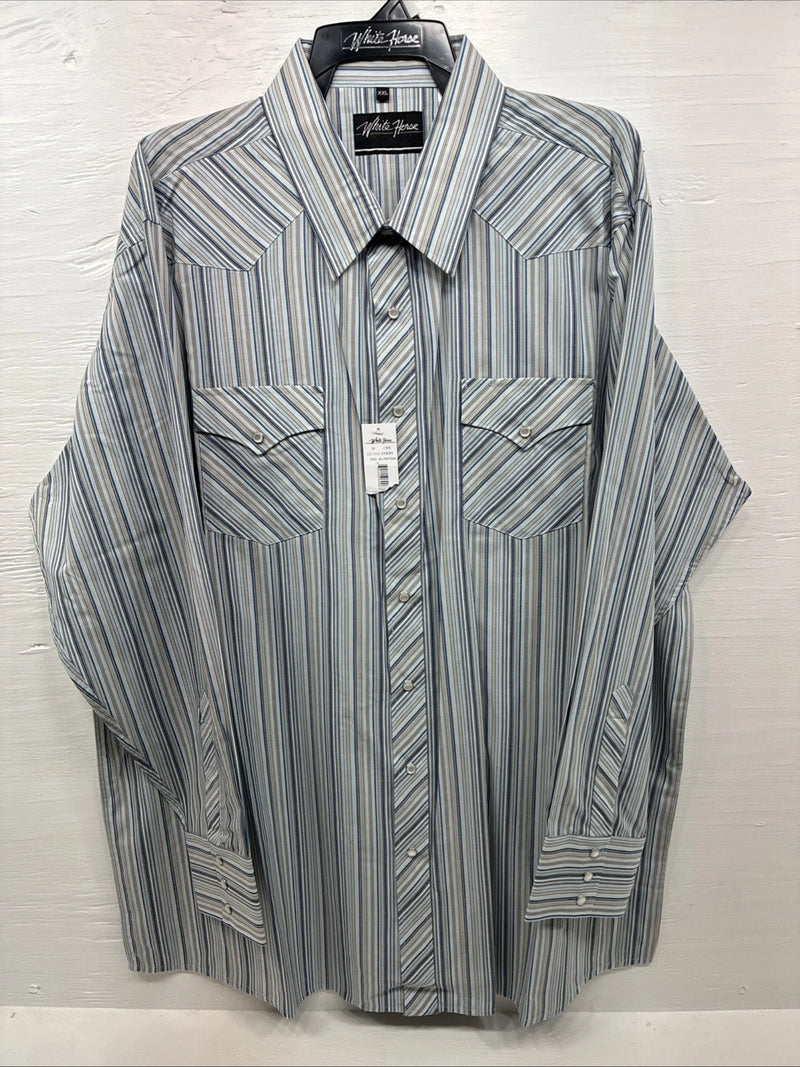 New Men’s White Horse Multiple Color Stripe Long Sleeve Pearl Snap 2XL H-48